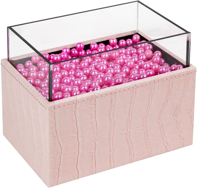 Leather Makeup Brush Cosmetic Organiser Storage Box with Pink Pearls and Acrylic Cover (Pink) - Shoppers Haven  - Health & Beauty > Cosmetic Storage     