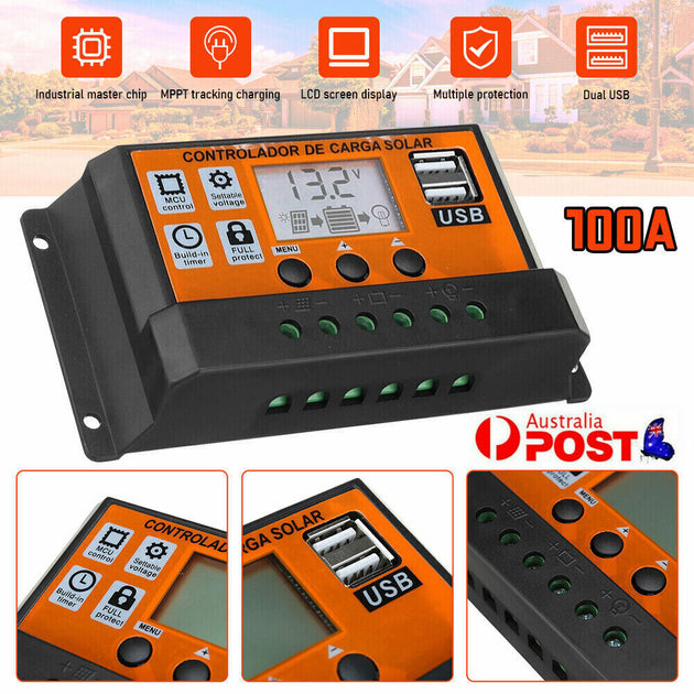 100A MPPT Solar Power Panel Regulator Charge LCD Controller 12V/24V Dual USB A - Shoppers Haven  - Appliances > Appliances Others     