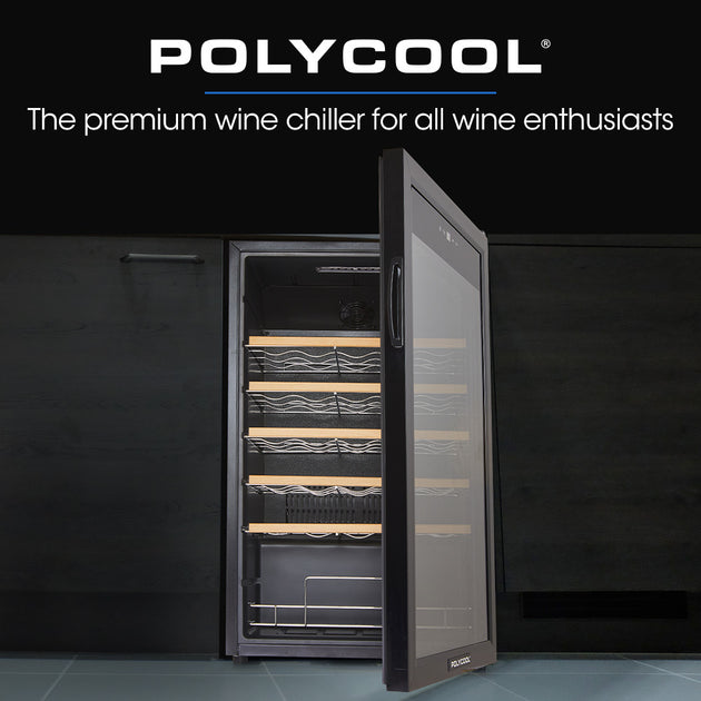 POLYCOOL 95L 34 Bottle Wine Bar Fridge Underbench Cooler Compressor Glass Door, Black - Shoppers Haven  - Appliances > Fridges     