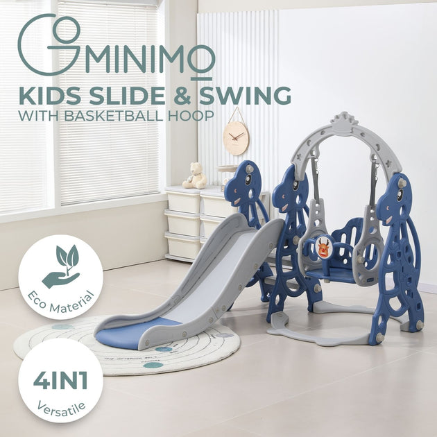 GOMINIMO Kids Slide and Swing Set with Basketball Hoop (blue Dinosaur) GO-KS-103-TF - Shoppers Haven  - Baby & Kids > Kid's Furniture     