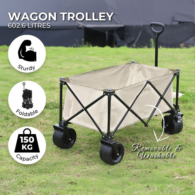 KILIROO Folding Wagon Trolley Cart with Wide Wheels and Rear Tail Gate (Khaki) KR-CPC-102-RJ - Shoppers Haven  - Outdoor > Others     
