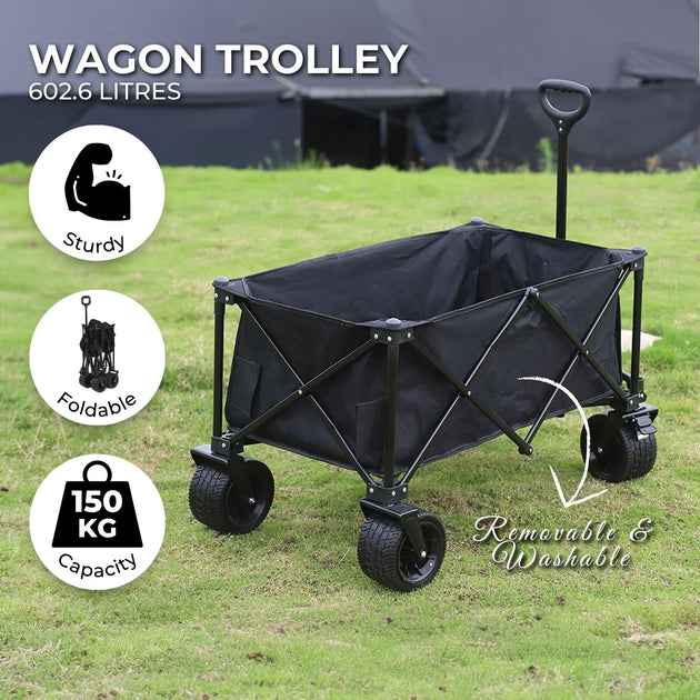 KILIROO Folding Wagon Trolley Cart with Wide Wheels and Rear Tail Gate (Black) KR-CPC-101-RJ - Shoppers Haven  - Outdoor > Others     