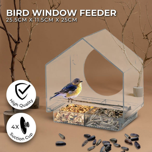 NOVEDEN Window Bird Feeder with Removable Tray Drain Holes and 4 Suction Cups (Transparent) NE-WBF-100-HSXY - Shoppers Haven  - Pet Care > Bird     