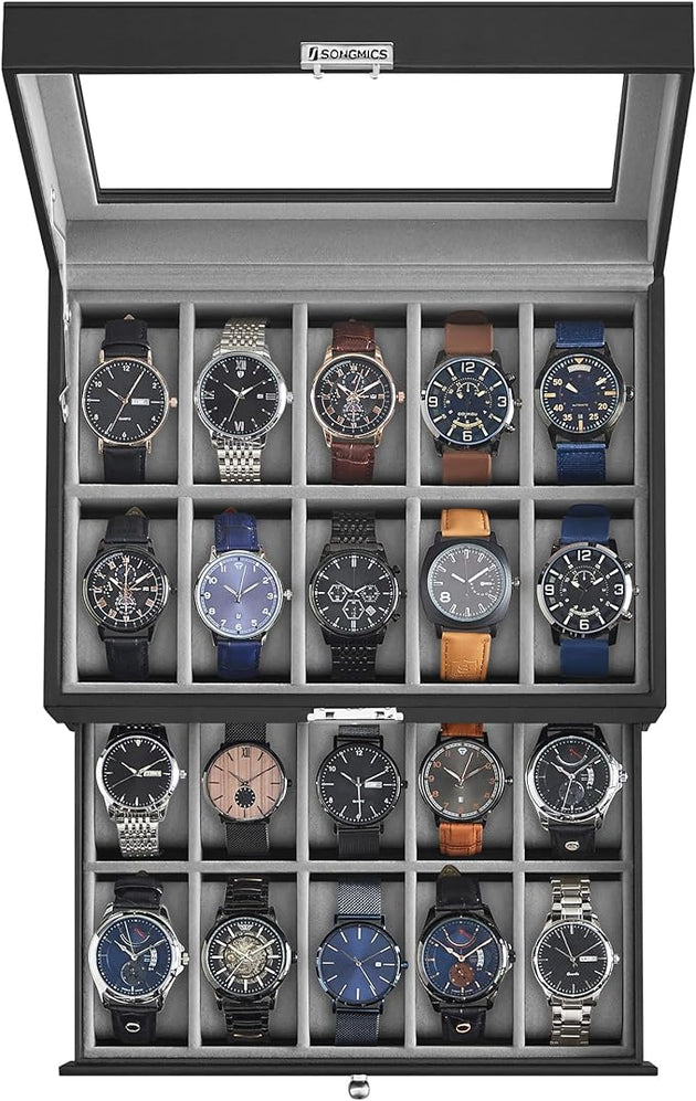 SONGMICS 20-Slot Watch Box with Glass Lid 2 Layers Black Synthetic Leather Gray Lining JWB006V1 - Shoppers Haven  - Health & Beauty > Cosmetic Storage     