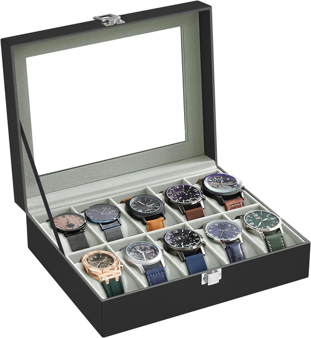 SONGMICS Watch Box for 10 Watches with Glass Lid and Removable Watch Pillows Black Synthetic Leather Grey Lining JWB010BK - Shoppers Haven  - Health & Beauty > Cosmetic Storage     