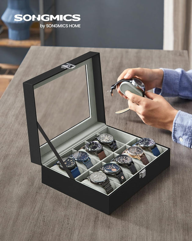 SONGMICS Watch Box for 10 Watches with Glass Lid and Removable Watch Pillows Black Synthetic Leather Grey Lining JWB010BK - Shoppers Haven  - Health & Beauty > Cosmetic Storage     