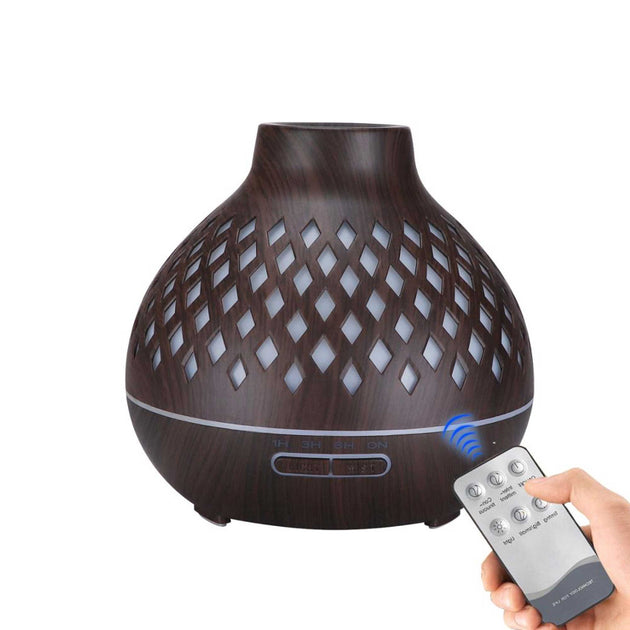 Essential Oil Aroma Diffuser and Remote - 400ml Hollowed Wood Mist Humidifier - Shoppers Haven  - Appliances > Aroma Diffusers & Humidifiers     