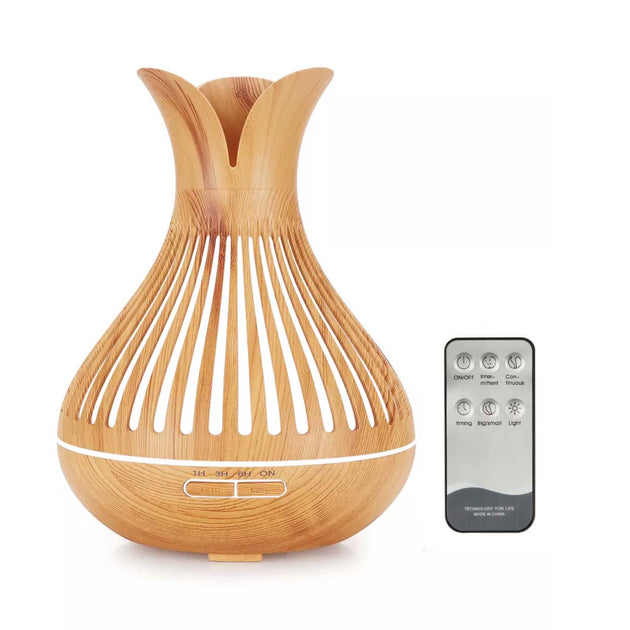 Essential Oil Aroma Diffuser and Remote - 500ml Flower Top Wood Mist Humidifier - Shoppers Haven  - Appliances > Aroma Diffusers & Humidifiers     