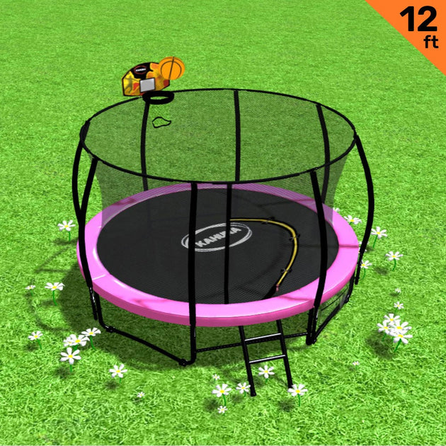 Kahuna 12ft Outdoor Trampoline Kids Children With Safety Enclosure Pad Mat Ladder Basketball Hoop Set - Pink - Shoppers Haven  - Sports & Fitness > Trampolines     