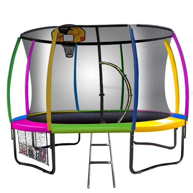 Kahuna 12ft Outdoor Trampoline Kids Children With Safety Enclosure Pad Mat Ladder Basketball Hoop Set - Rainbow - Shoppers Haven  - Sports & Fitness > Trampolines     
