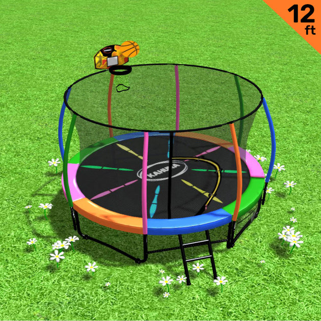Kahuna 12ft Outdoor Trampoline Kids Children With Safety Enclosure Pad Mat Ladder Basketball Hoop Set - Rainbow - Shoppers Haven  - Sports & Fitness > Trampolines     