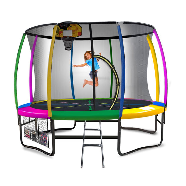 Kahuna 14ft Outdoor Trampoline Kids Children With Safety Enclosure Pad Mat Ladder Basketball Hoop Set - Rainbow - Shoppers Haven  - Sports & Fitness > Trampolines     