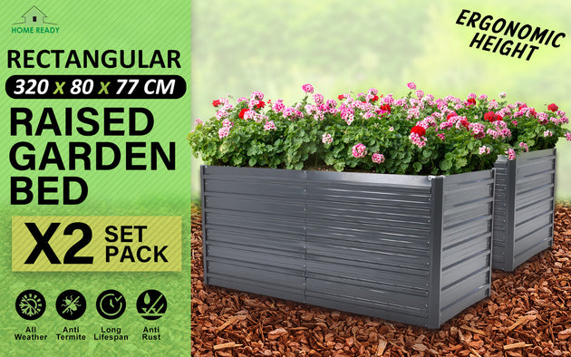 2X 2-in-1 Raised Garden Bed Galvanised Steel Planter 320 x 80 x 77cm GREY - Shoppers Haven  - Home & Garden > Garden Beds     
