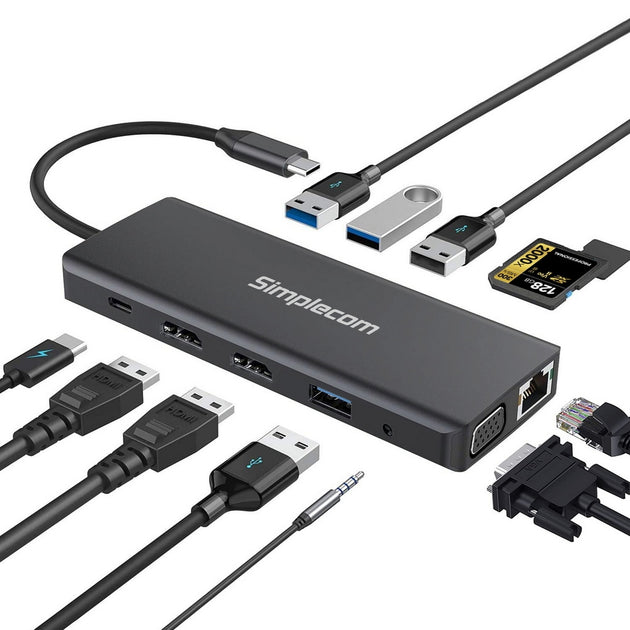 Simplecom CHN612 USB-C 12-in-1 Multiport Docking Station Dual HDMI + VGA Triple Display Gigabit LAN - Shoppers Haven  - Electronics > USB Gadgets     