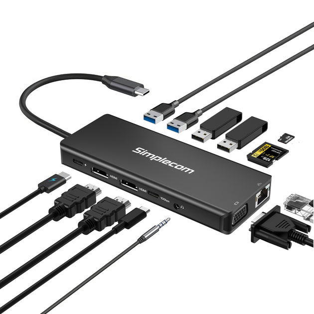 Simplecom CHN613 USB-C 13-in-1 Multiport Docking Station Dual HDMI + VGA Triple Display USB 3.2 Gen 2 10Gbps - Shoppers Haven  - Electronics > USB Gadgets     
