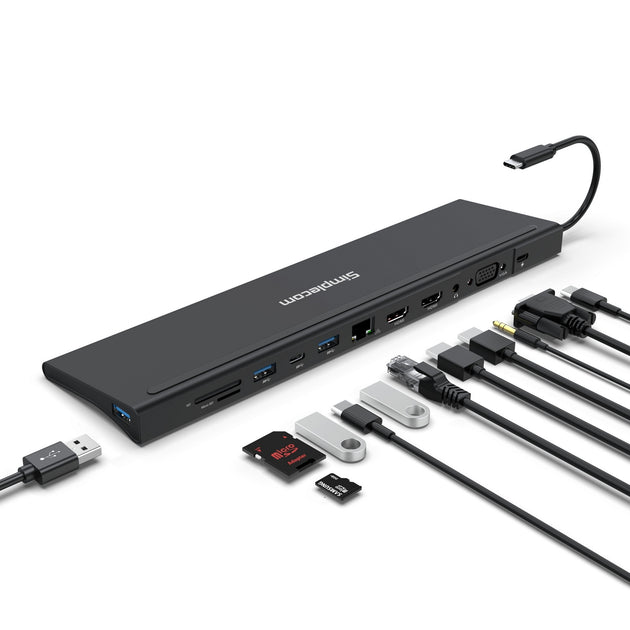Simplecom CHN622 USB-C 12-in-1 Multiport Docking Station Laptop Stand Dual HDMI + VGA Triple Display Gigabit LAN - Shoppers Haven  - Electronics > USB Gadgets     