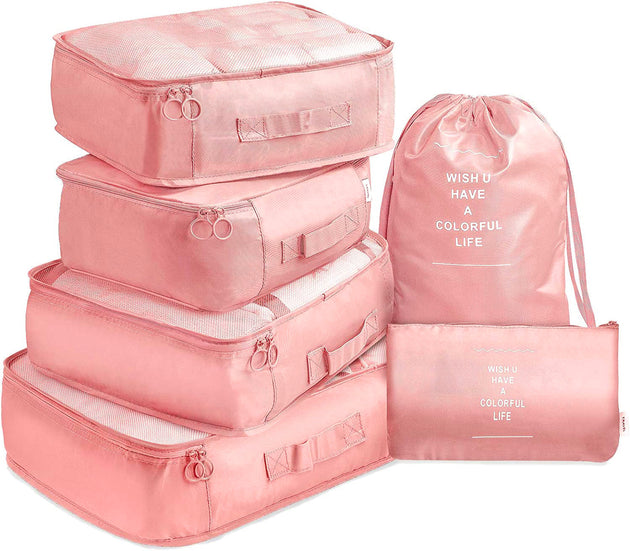 6 Pcs Waterproof Compression Packing Cubes Large Travel Luggage Organizer Storage (Pink) - Shoppers Haven  - Travel Bags     