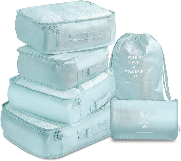 6 Pcs Waterproof Compression Packing Cubes Large Travel Luggage Organizer Storage (Light Blue) - Shoppers Haven  - Travel Bags     