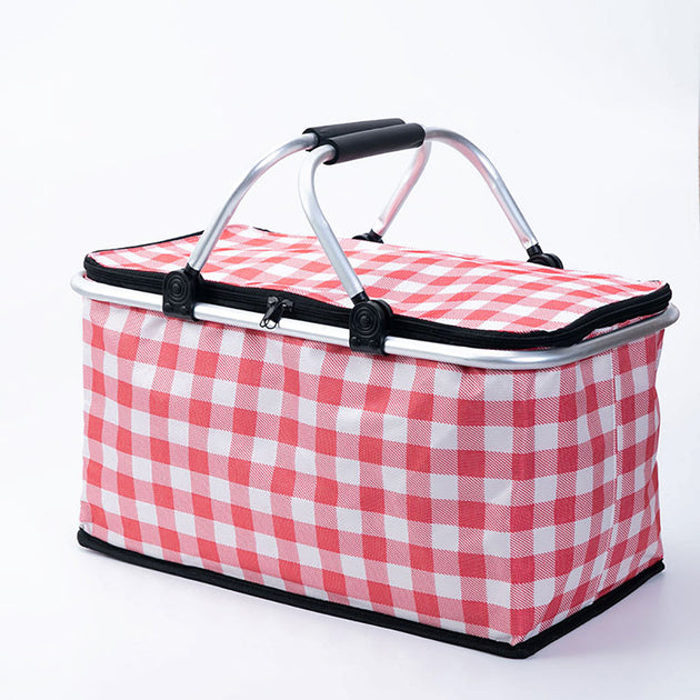 Collapsible Outdoor Camping Portable Insulated Picnic Basket Camping Picnic Ice Pack(Red Grid) - Shoppers Haven  - Outdoor > Picnic     
