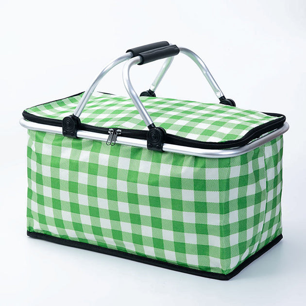 Collapsible Outdoor Camping Portable Insulated Picnic Basket Camping Picnic Ice Pack(Green Grid) - Shoppers Haven  - Outdoor > Picnic     