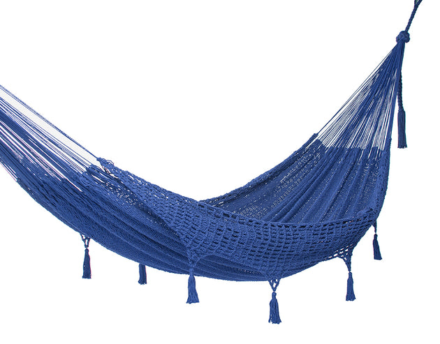 Outdoor undercover cotton Mayan Legacy hammock with hand crocheted tassels King Size Blue - Shoppers Haven  - Home & Garden > Hammocks     