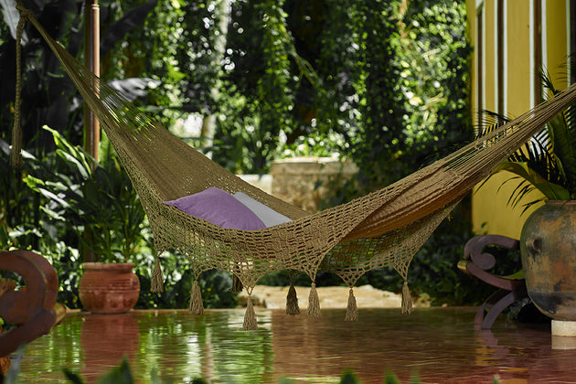 Outdoor undercover cotton Mayan Legacy hammock with hand crocheted tassels King Size Cedar - Shoppers Haven  - Home & Garden > Hammocks     