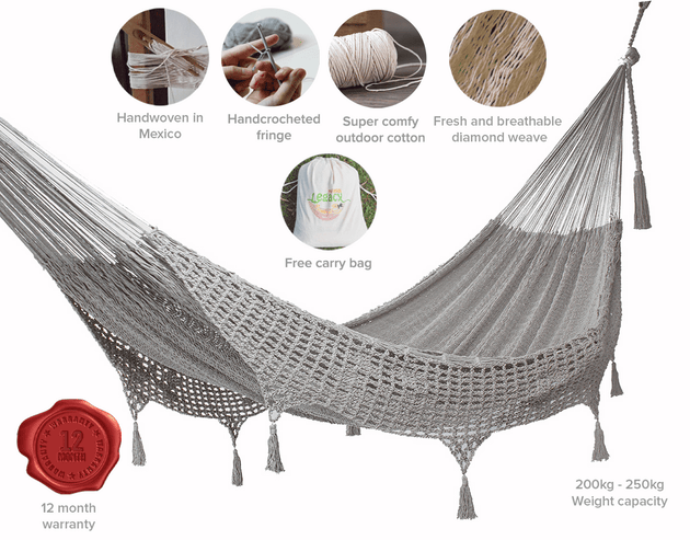 Outdoor undercover cotton Mayan Legacy hammock with hand crocheted tassels King Size Dream Sands - Shoppers Haven  - Home & Garden > Hammocks     