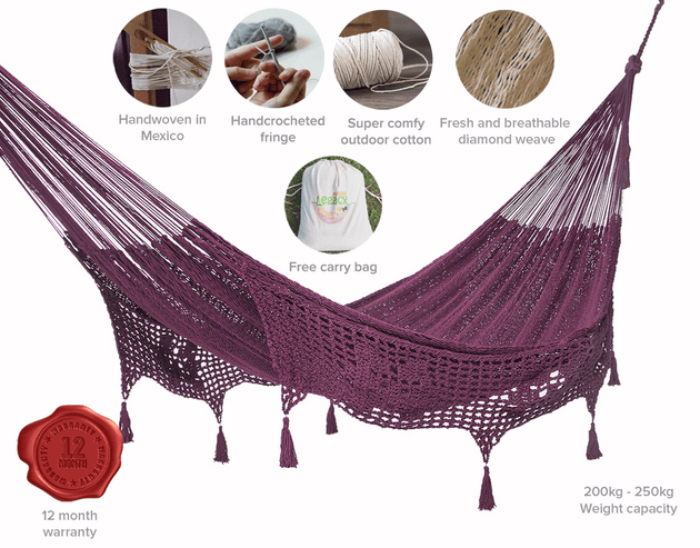 Outdoor undercover cotton Mayan Legacy hammock with hand crocheted tassels King Size Maroon - Shoppers Haven  - Home & Garden > Hammocks     