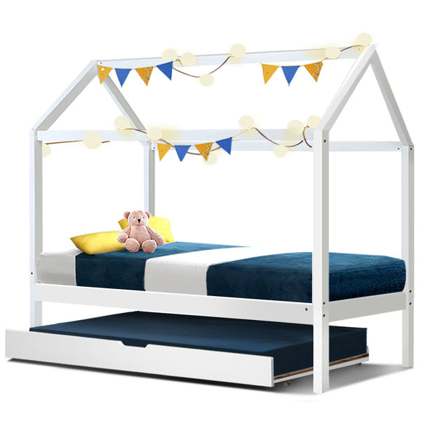 Artiss Bed Frame Wooden Trundle Daybed Kids House Frame White HOLY - Shoppers Haven  - Furniture > Bedroom     