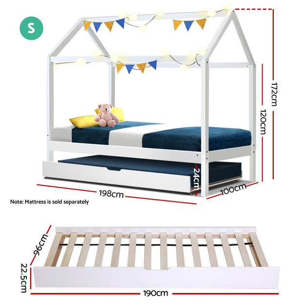 Artiss Bed Frame Wooden Trundle Daybed Kids House Frame White HOLY - Shoppers Haven  - Furniture > Bedroom     